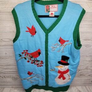 Merry Christmas Pullover Ugly Sweater Vest Cardinals Snowman‎ Bird Blue Size Lg